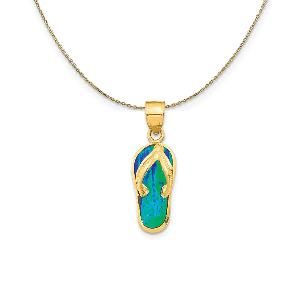 14k Yellow Gold Created Blue Opal Flip Flop (25mm) Necklace