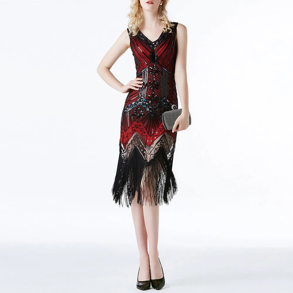 1920S GATSBY Sequin V-neck Beaded Fringed V-back Party Sexy Fringed Dress Sleeveless Gown