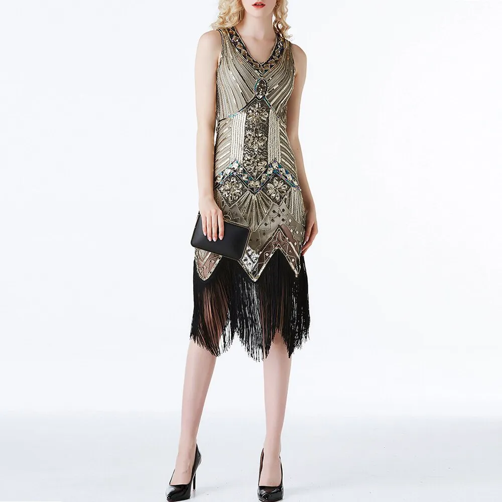 1920S GATSBY Sequin V-neck Beaded Fringed V-back Party Sexy Fringed Dress Sleeveless Gown