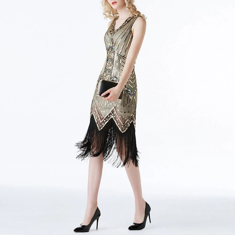 1920S GATSBY Sequin V-neck Beaded Fringed V-back Party Sexy Fringed Dress Sleeveless Gown