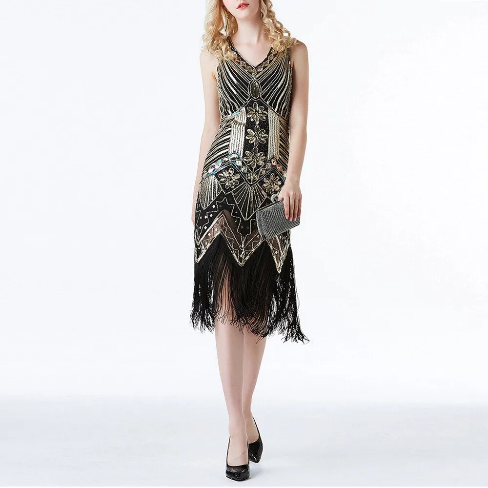 1920S GATSBY Sequin V-neck Beaded Fringed V-back Party Sexy Fringed Dress Sleeveless Gown