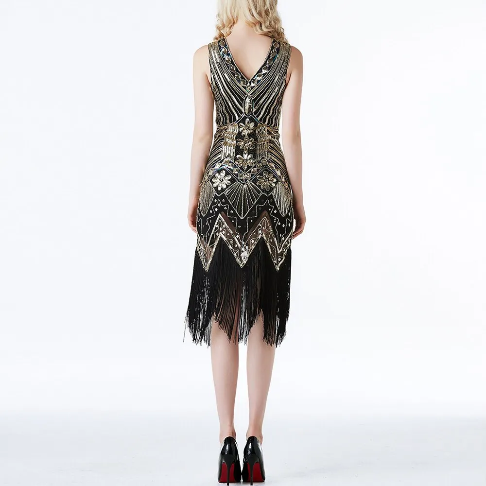 1920S GATSBY Sequin V-neck Beaded Fringed V-back Party Sexy Fringed Dress Sleeveless Gown