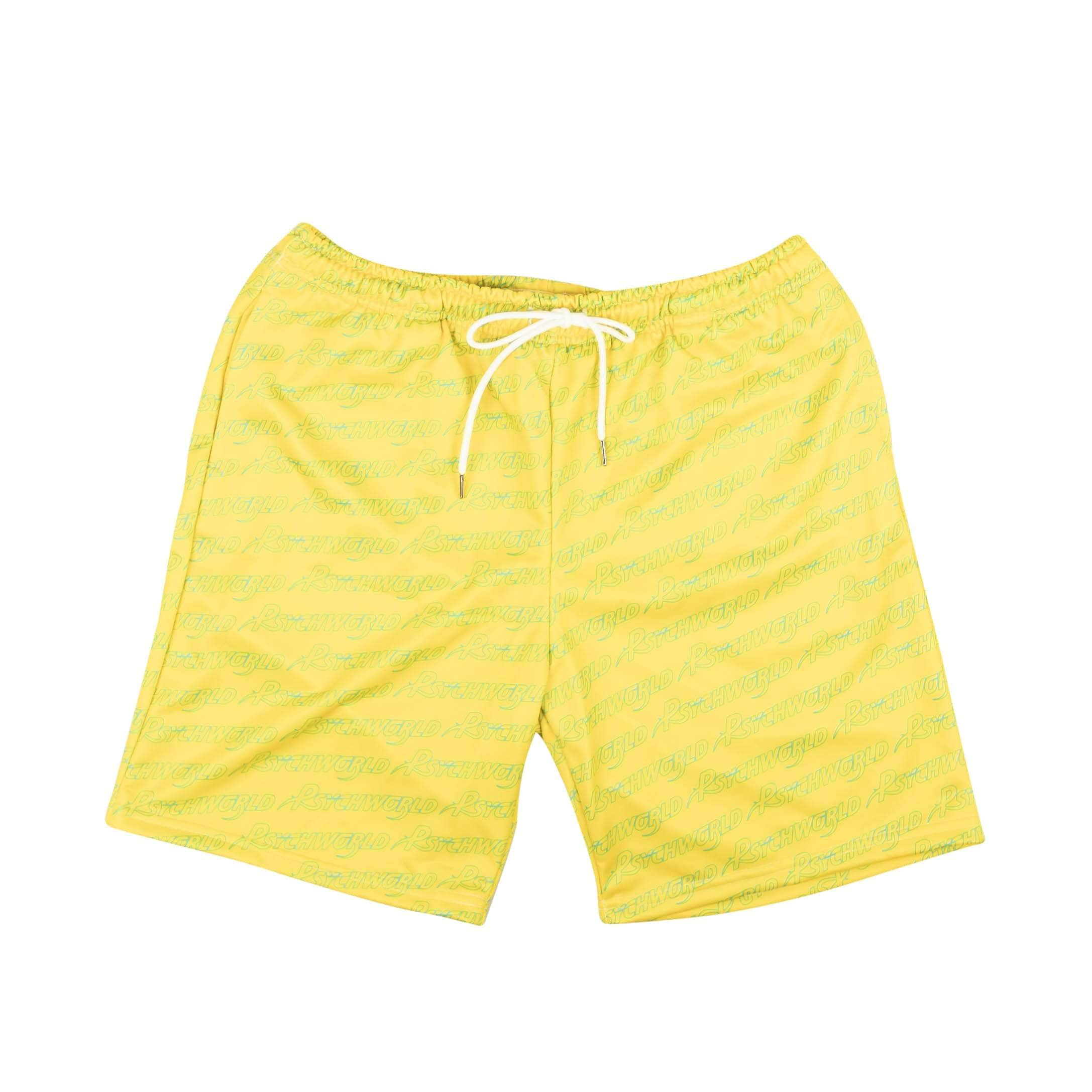 95-PSY-1016/S PSYCHWORLD_REPEATED_LOGO_SHORTS_YELLOW_TEAL YELLOW/TEAL PSYCHWORLD REPEATED LOGO SHORTS