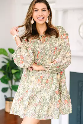 All For Love Olive Green Floral Dress