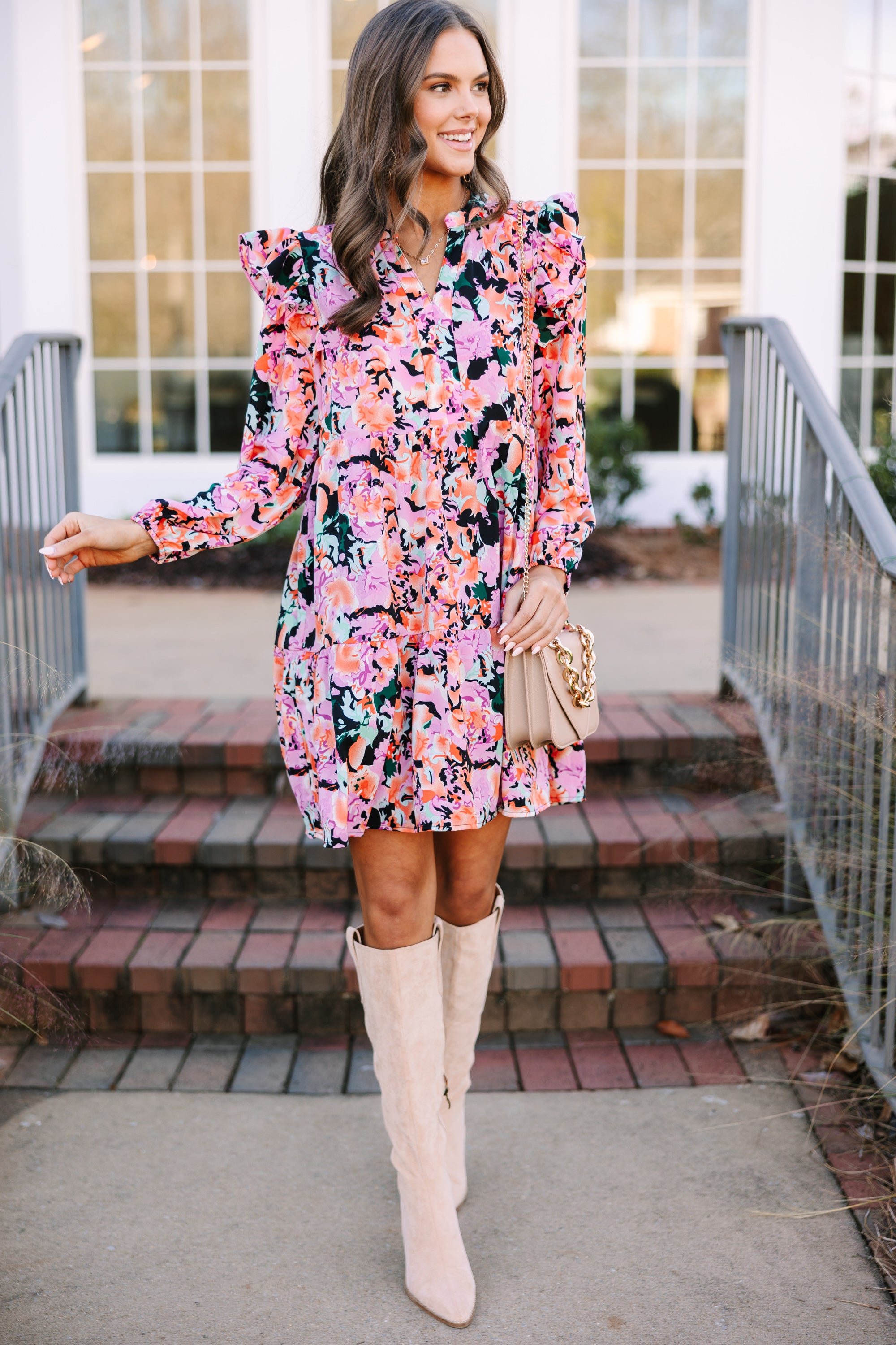 At This Time Fuchsia Pink Floral Dress