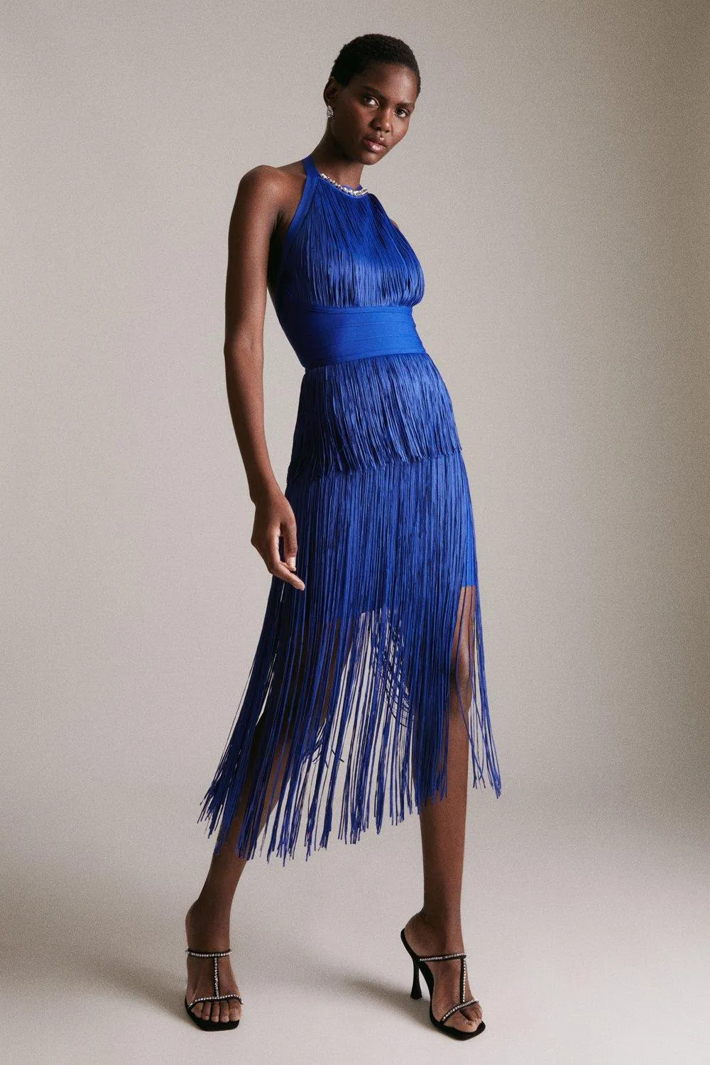 Bandage Knit Fringed Dress In Yarn | Karen Millen