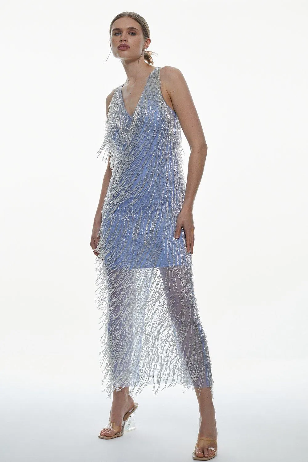 Beaded Fringed V Neck Embellished Maxi Dress | Karen Millen