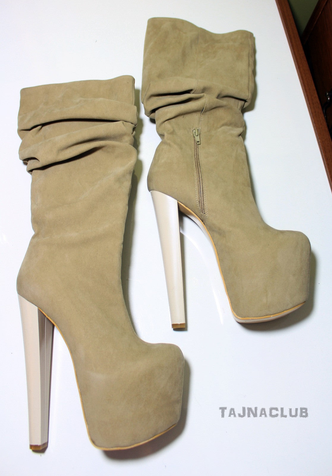 Beige Suede Mid Calf Platform High Heel Boots