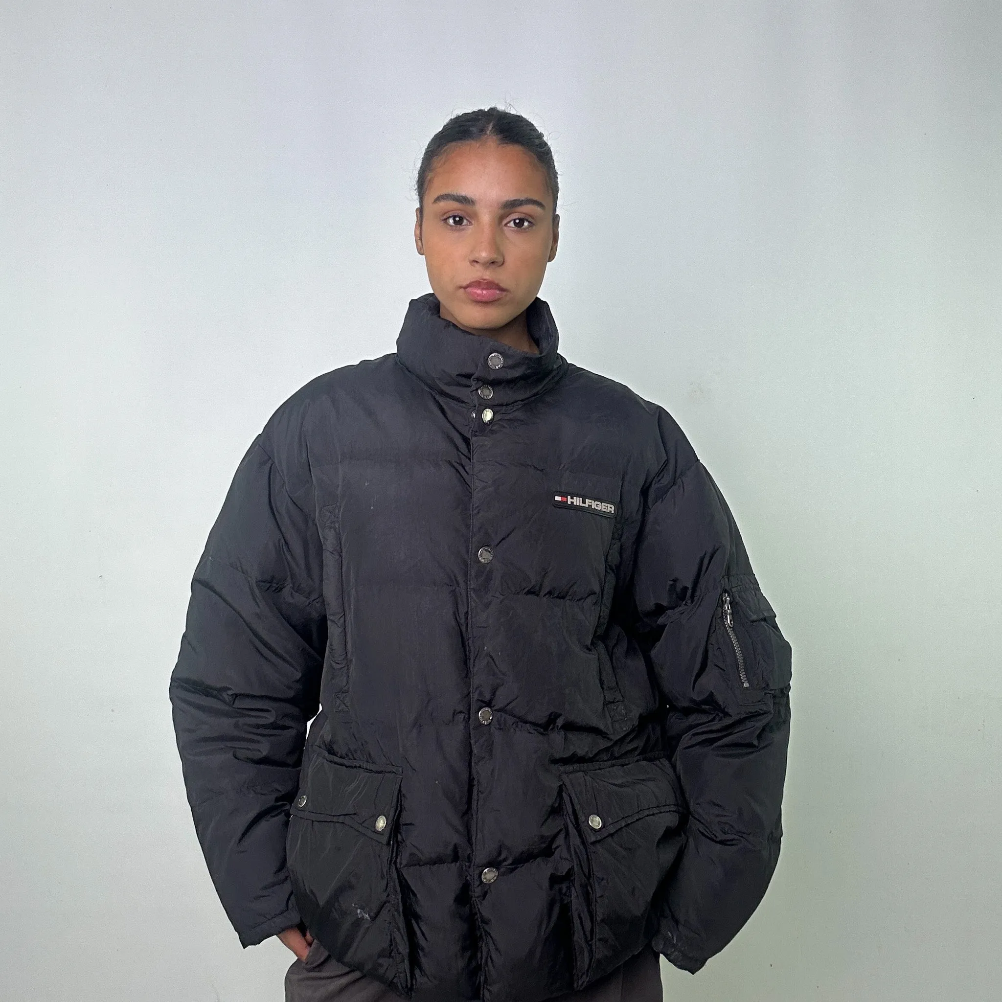 Black 90s Tommy Hilfiger Puffer Jacket Coat (L)