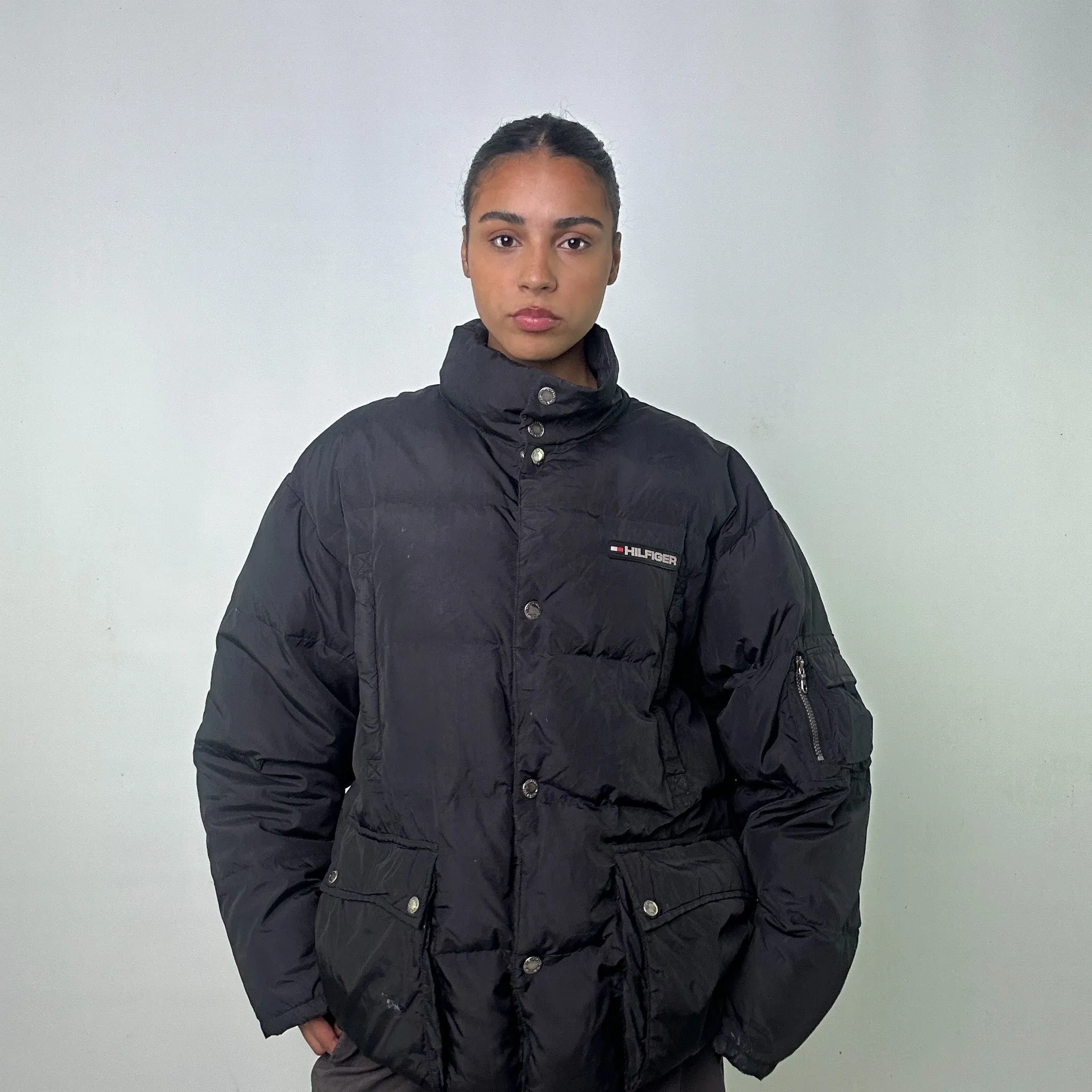 Black 90s Tommy Hilfiger Puffer Jacket Coat (L)