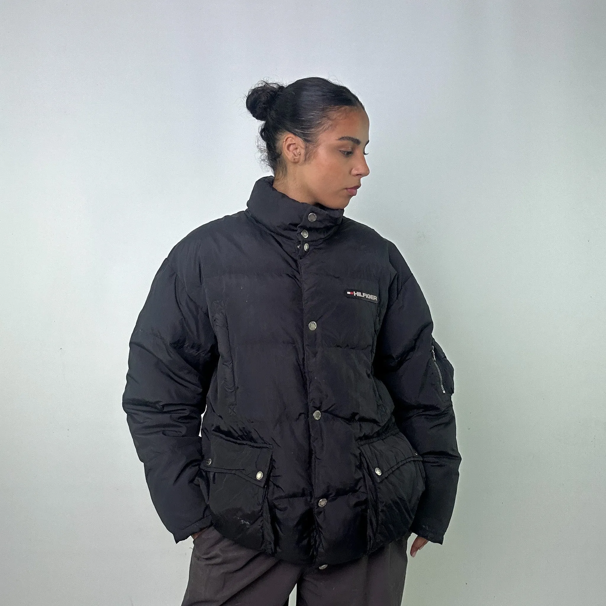 Black 90s Tommy Hilfiger Puffer Jacket Coat (L)