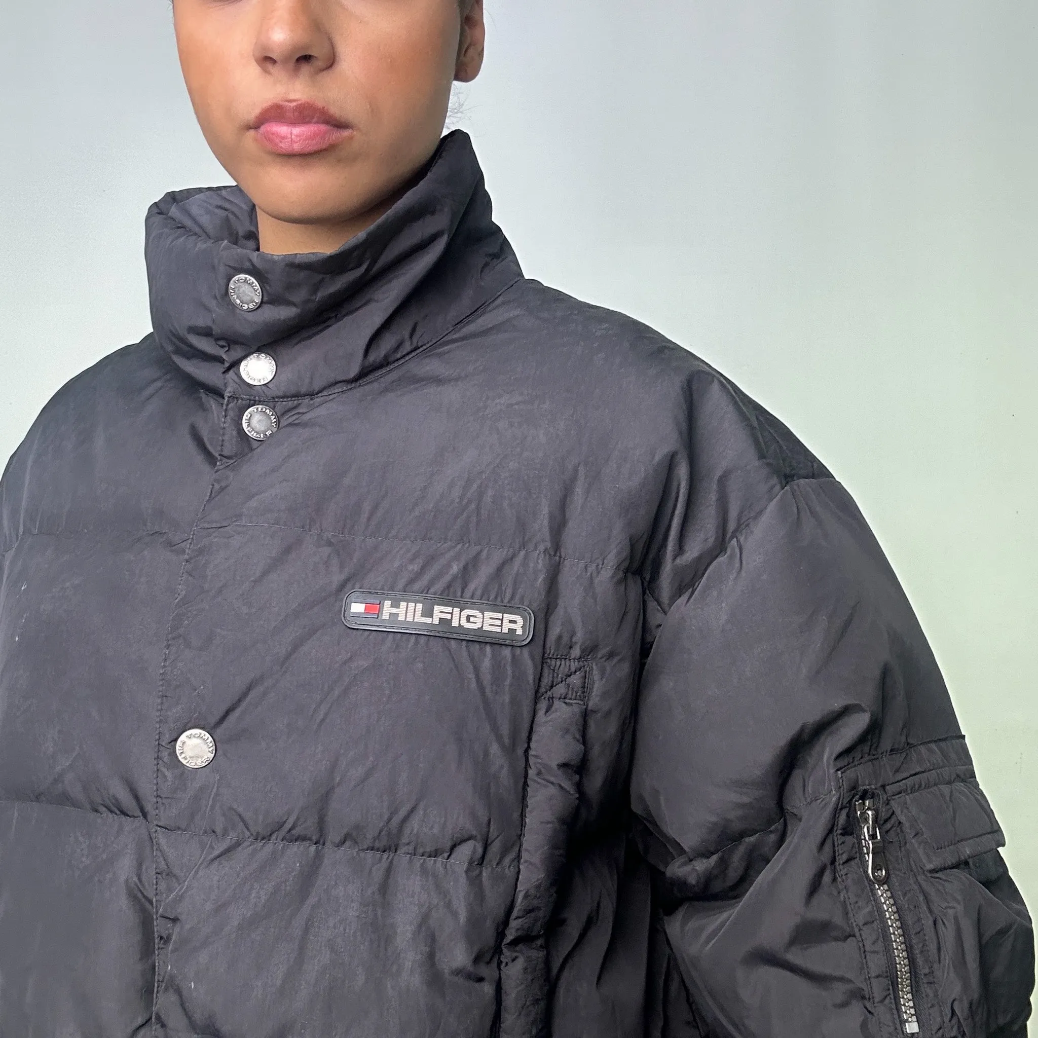 Black 90s Tommy Hilfiger Puffer Jacket Coat (L)