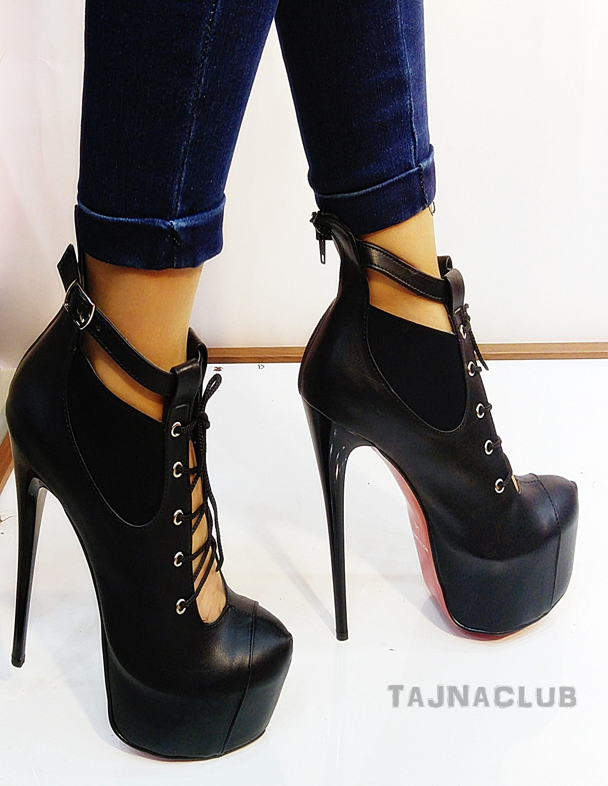 Black Ankle Strap Lace Up Sexy Platform Boots