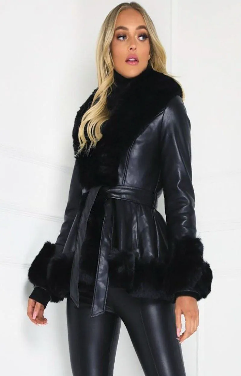 black faux fur black belted short coat