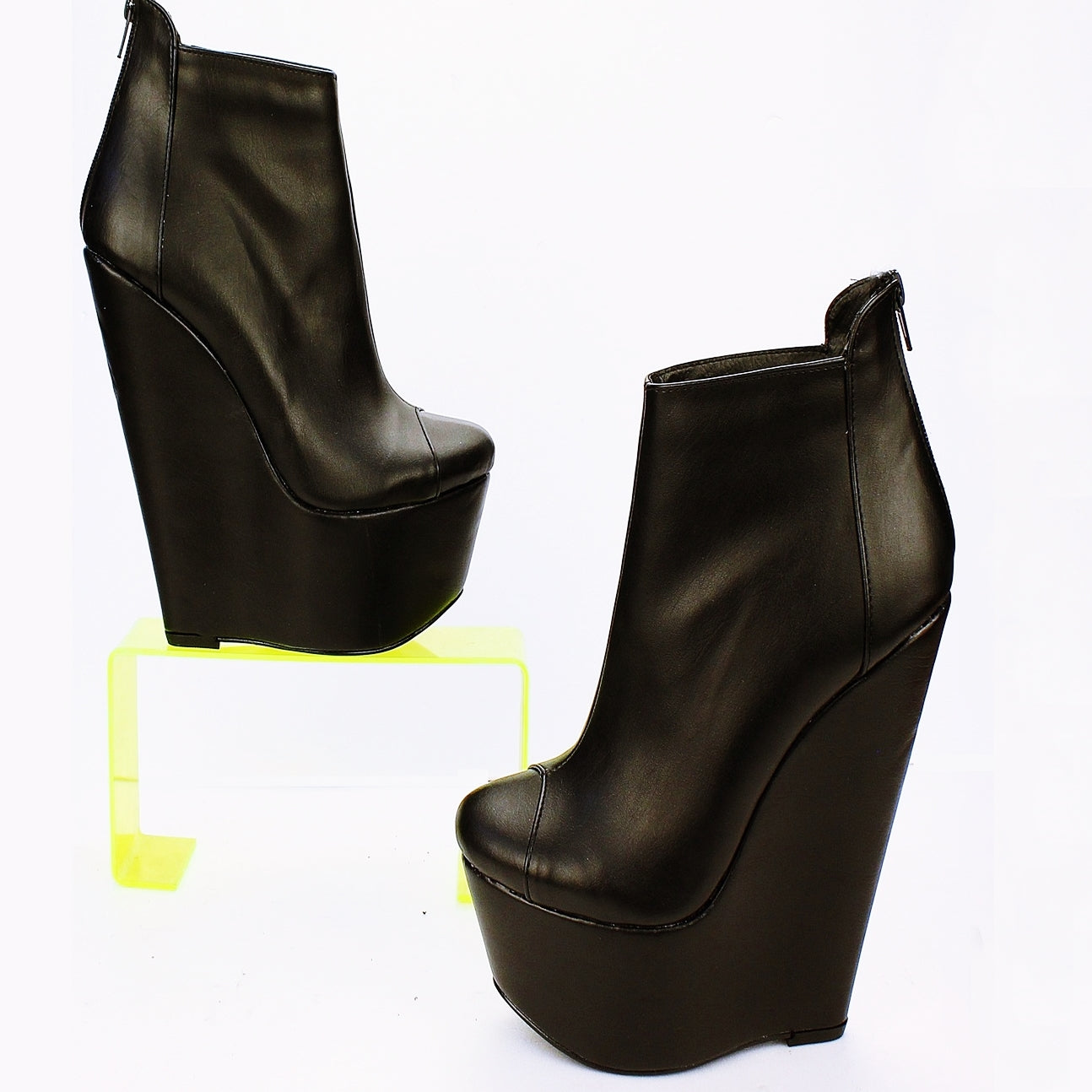 Black Faux Leather Ankle 16 cm Heel Wedge Booties