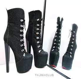 Black Glitter Lace Up High Heel Platform Boots