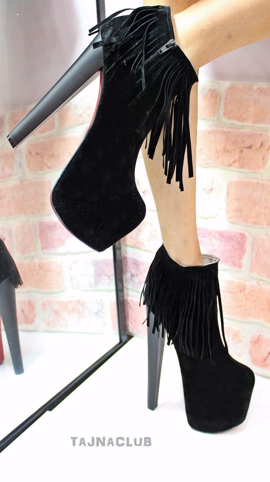 Black Suede Fringe Ankle Boots Platform High Heel Shoes