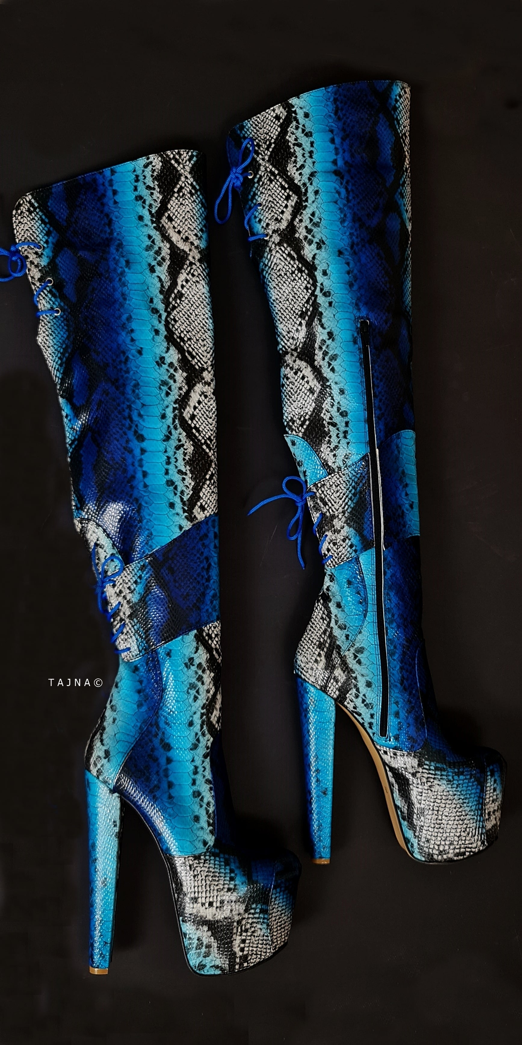 Blue Snake Print Chunky High Heel Thigh Boots