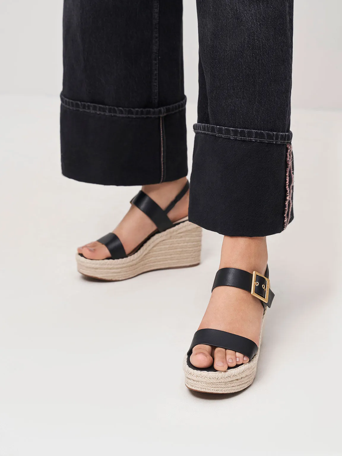 Buckled Espadrille Wedges - Black