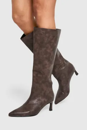 Burnished Slouched Low Heel Knee High Boot