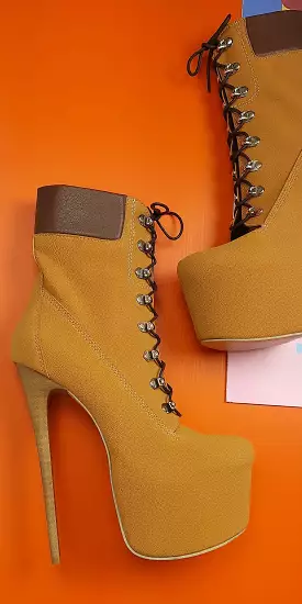 Camel Lace Up High Heel Platform Timber Style Boots