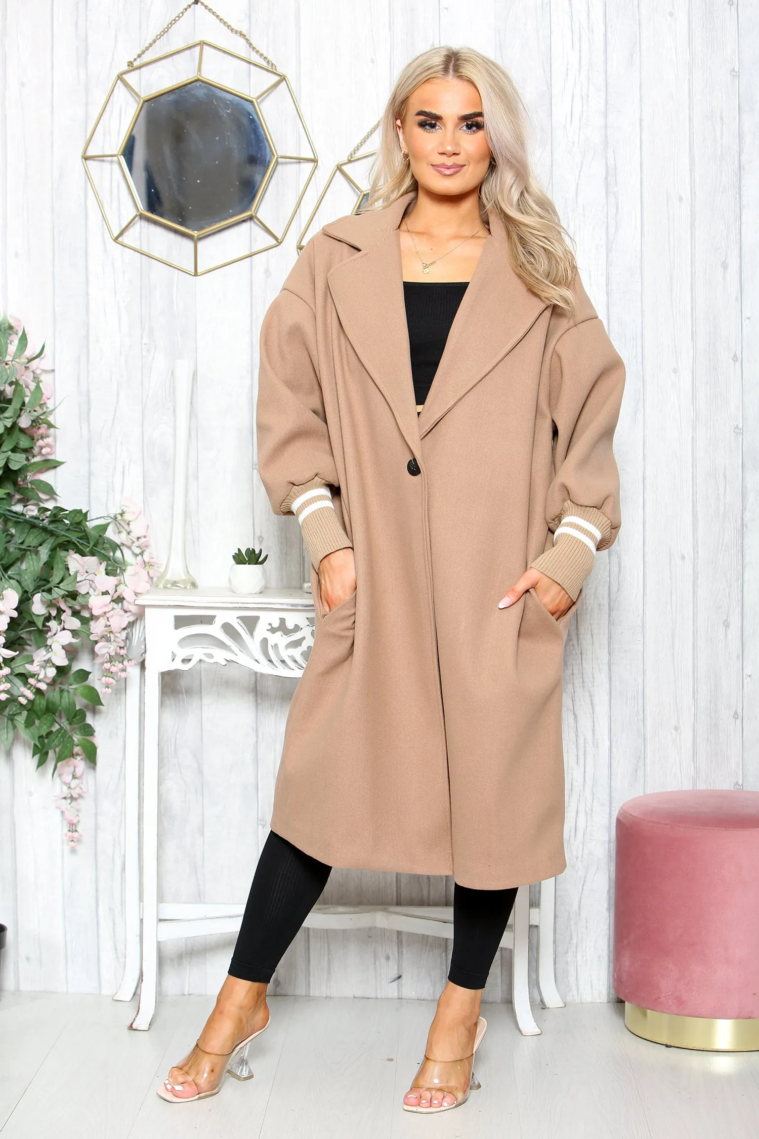 Camel Ribbed Sleeve Coat