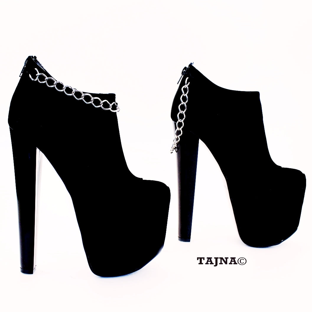 Chain Black Faux Suede Platform Ankle Booties