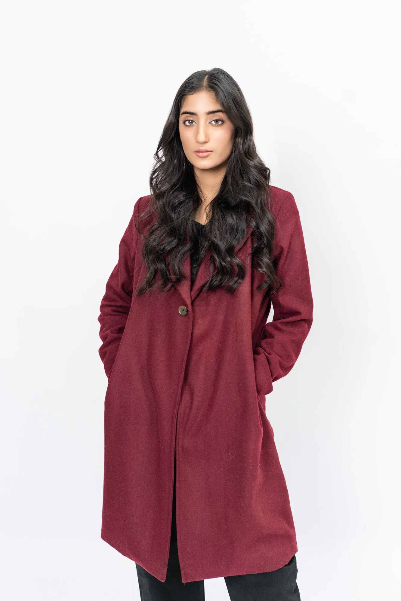 Classic One-Button Wool Coat - Burgundy