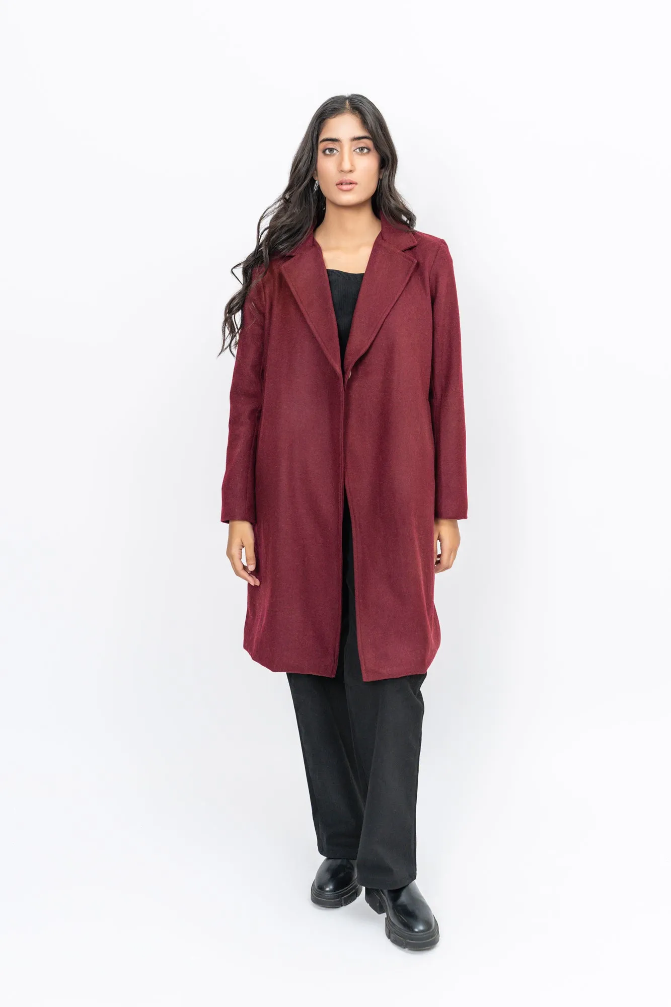 Classic One-Button Wool Coat - Burgundy