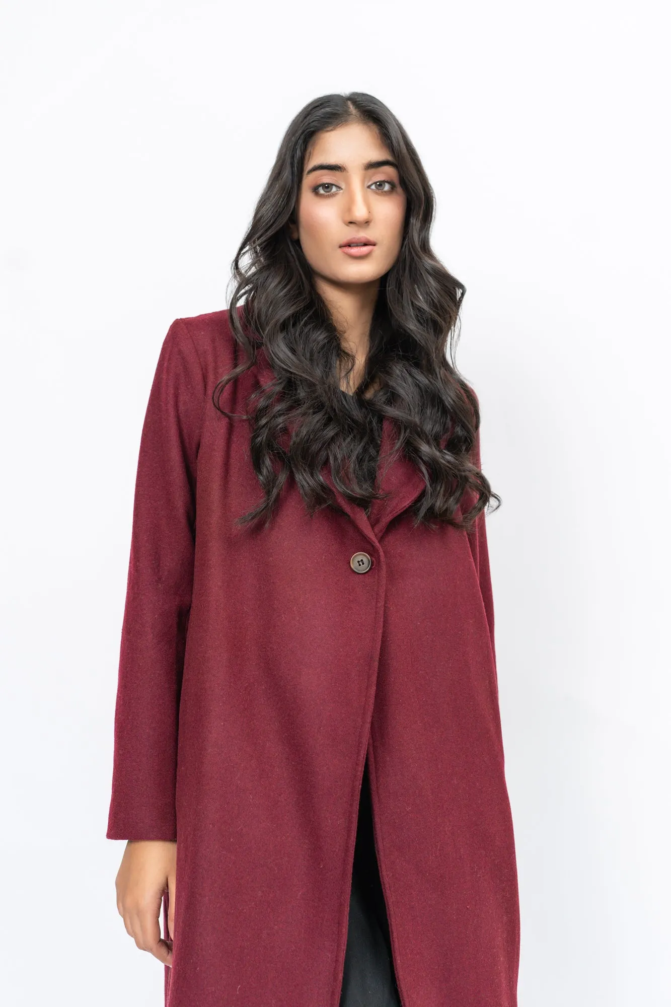 Classic One-Button Wool Coat - Burgundy