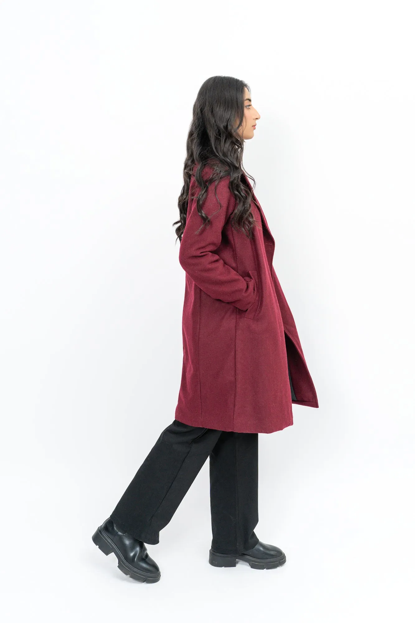 Classic One-Button Wool Coat - Burgundy