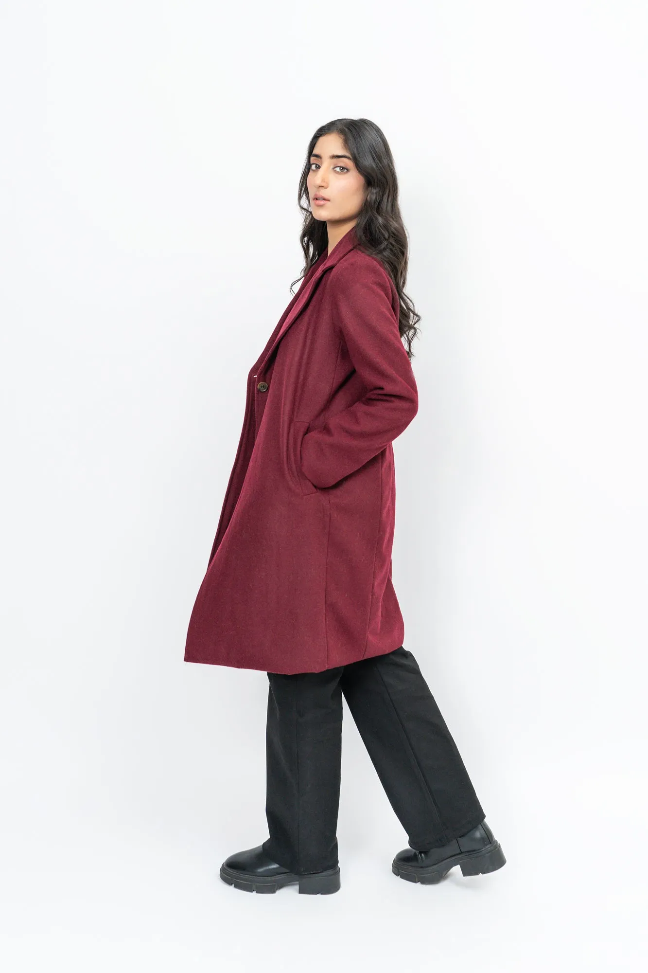 Classic One-Button Wool Coat - Burgundy