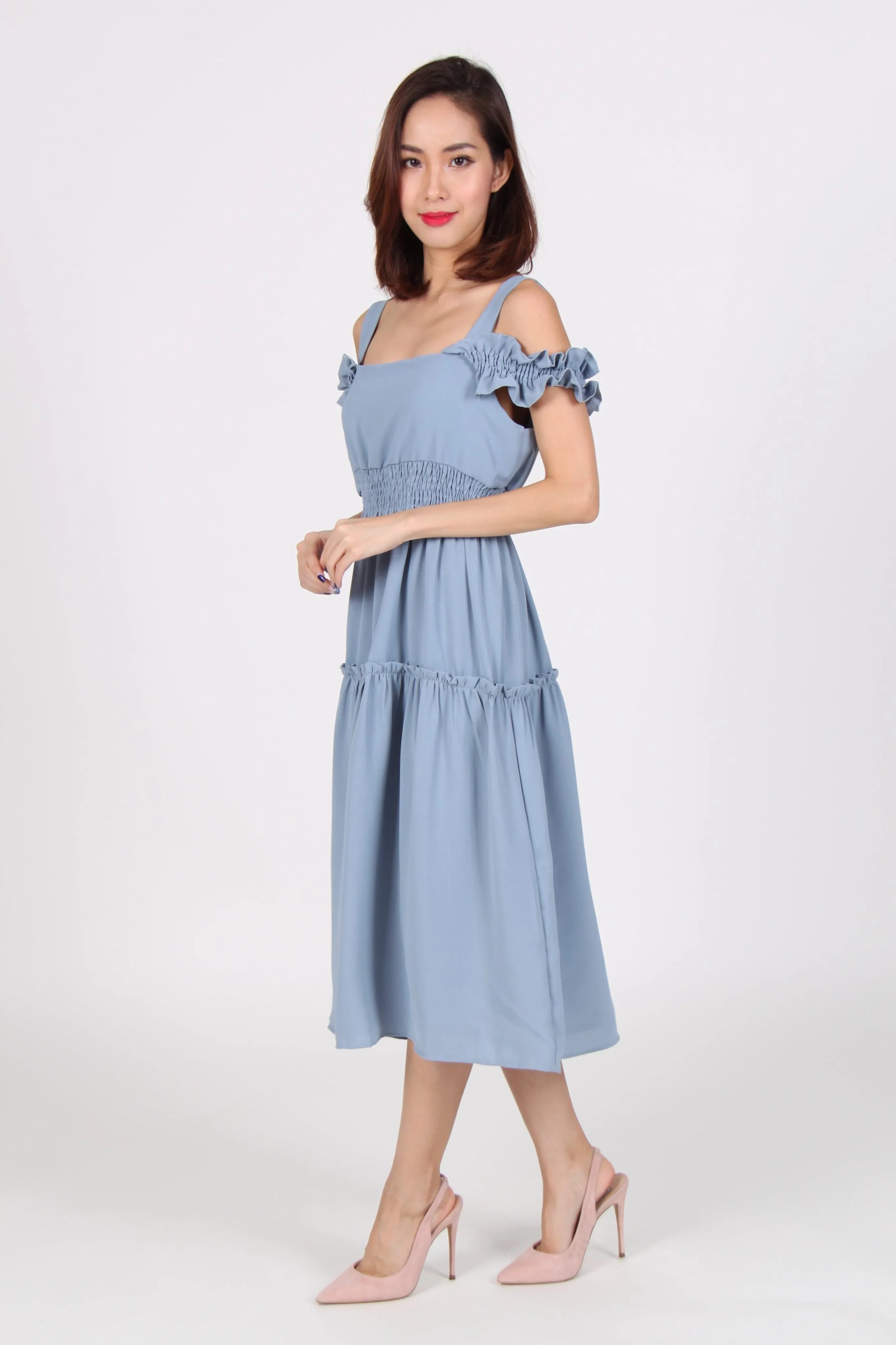 Cold Shoulder Ruffles Gypsy Dress in Blue