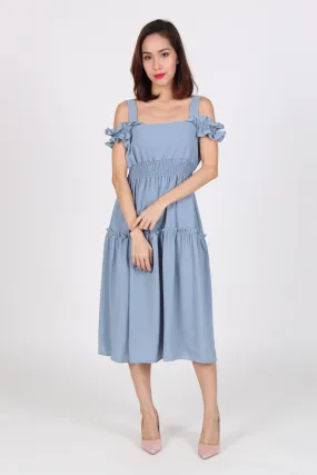 Cold Shoulder Ruffles Gypsy Dress in Blue