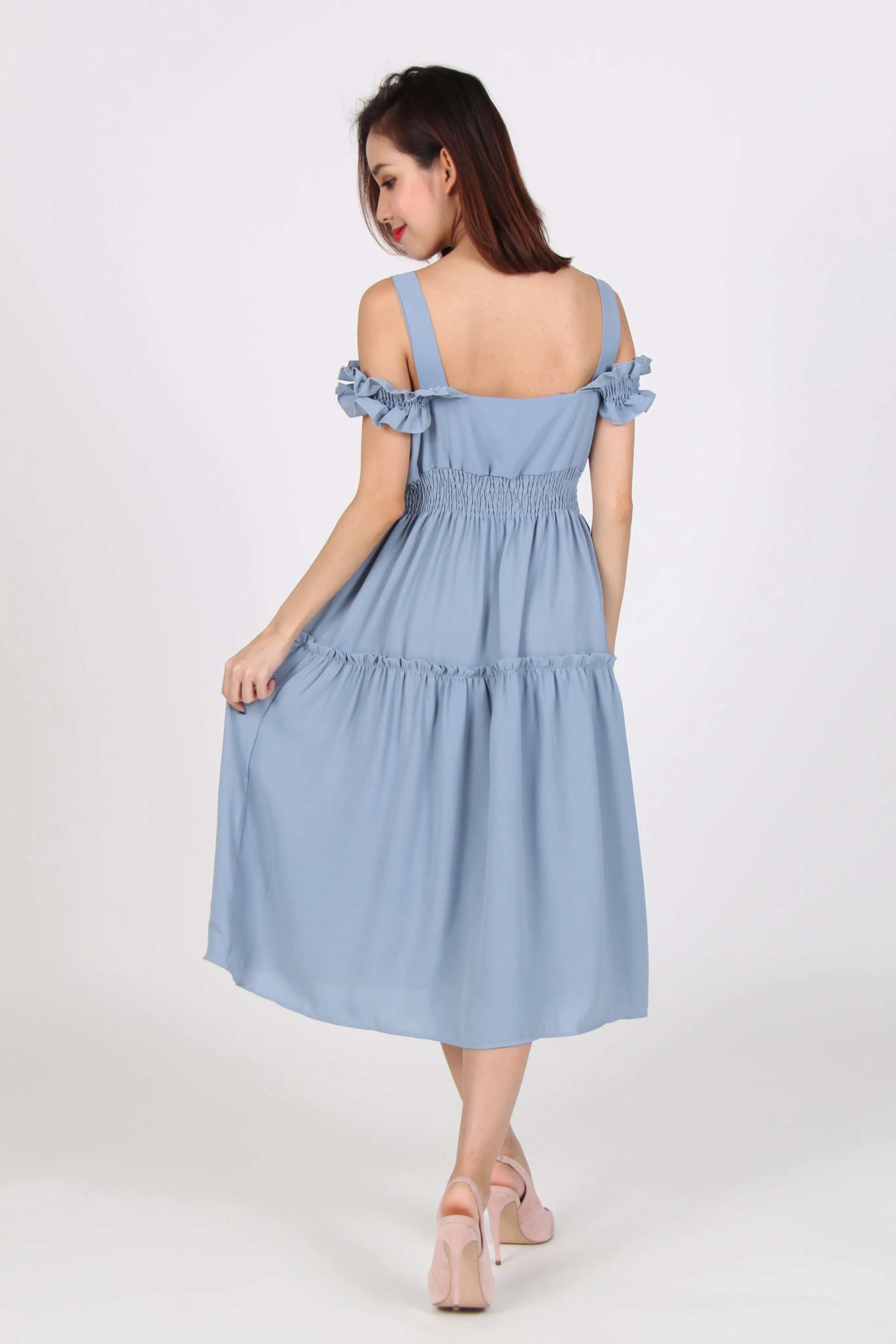 Cold Shoulder Ruffles Gypsy Dress in Blue