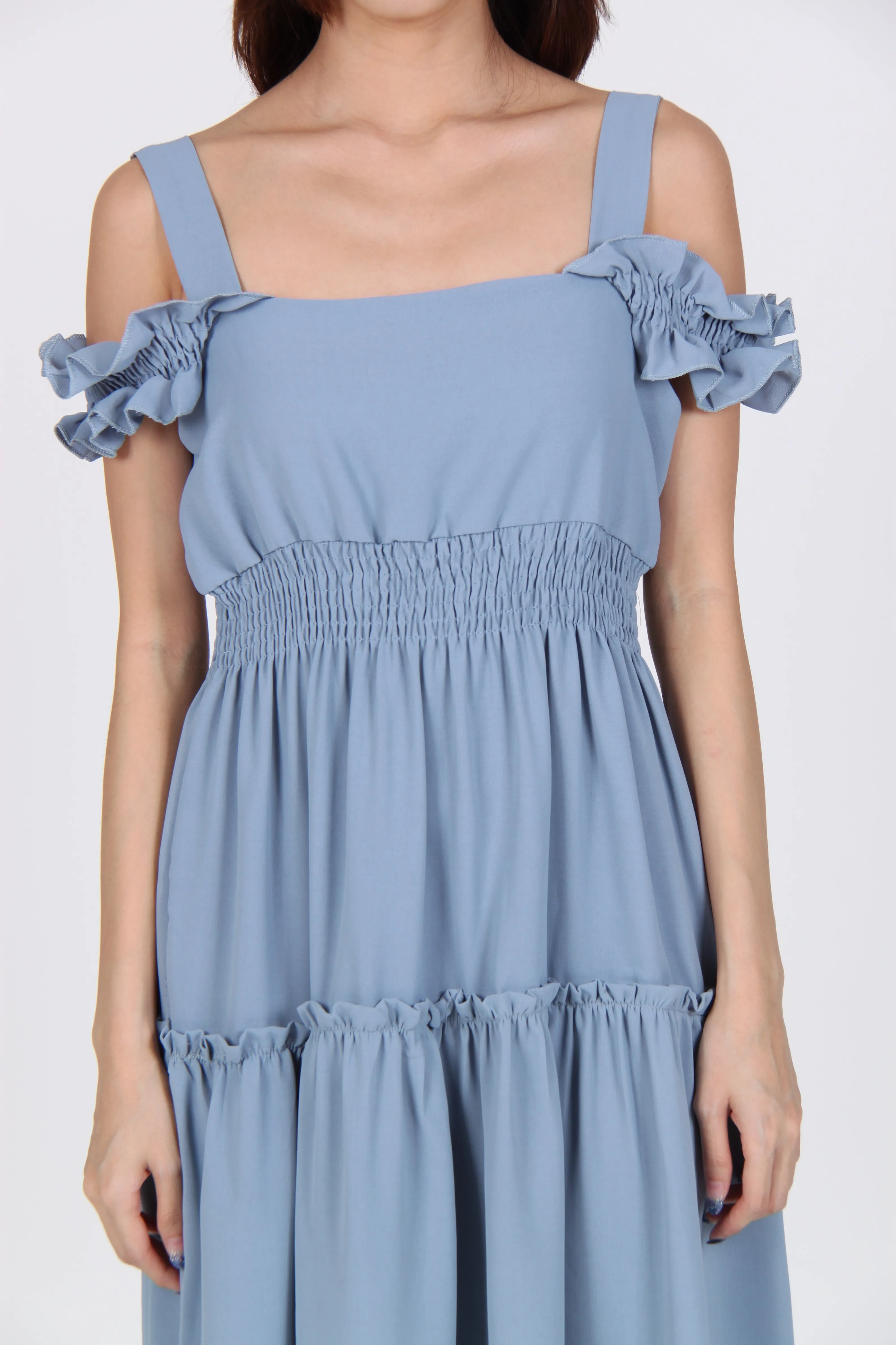 Cold Shoulder Ruffles Gypsy Dress in Blue