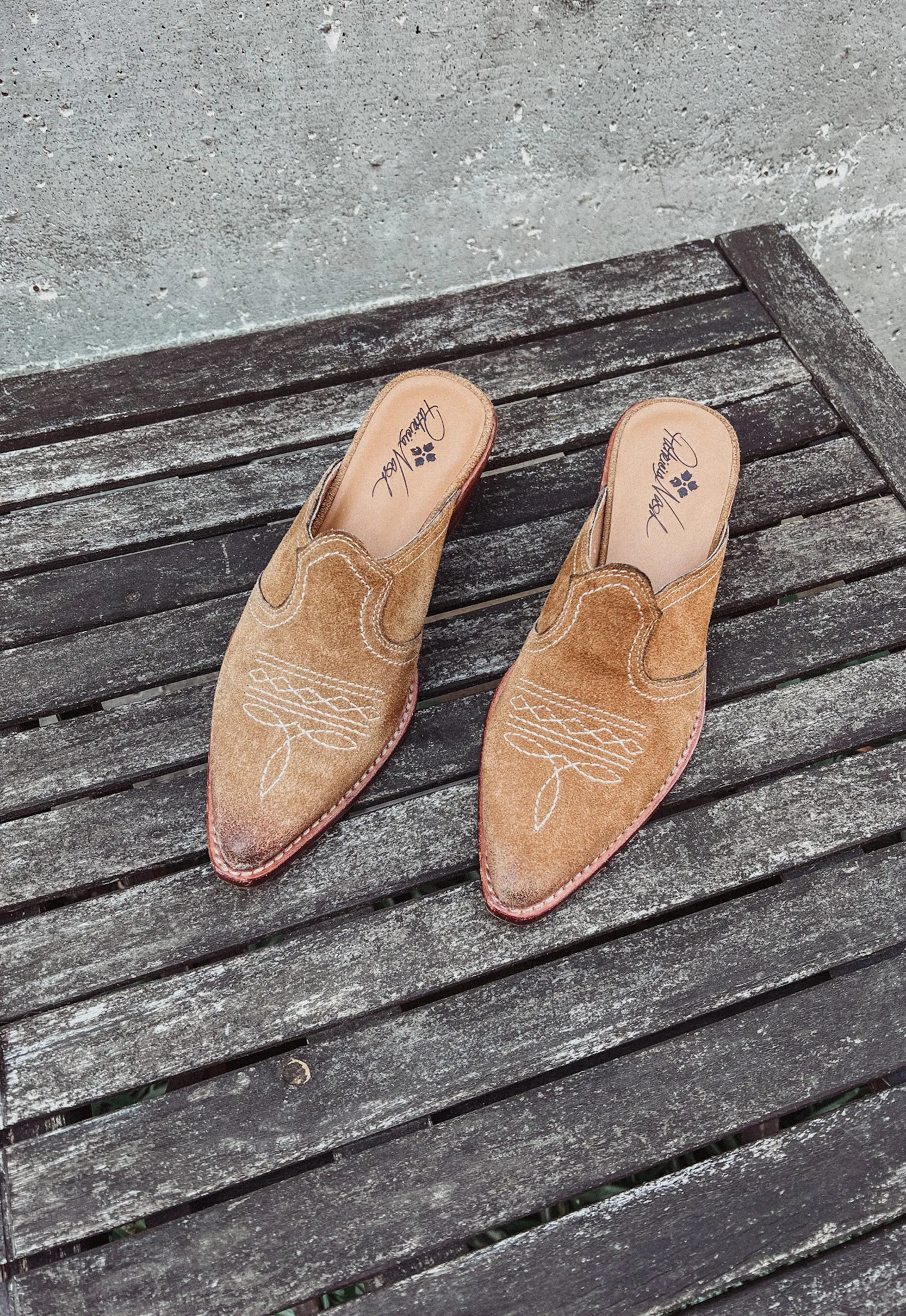 Contemporary Suede Western Mules Sz. 8