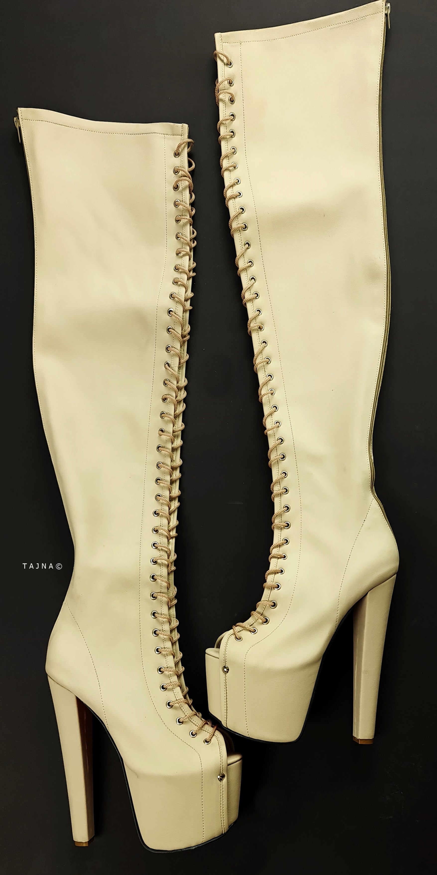 Cream Nude Gladiator Style Lace Up Thigh High Boots