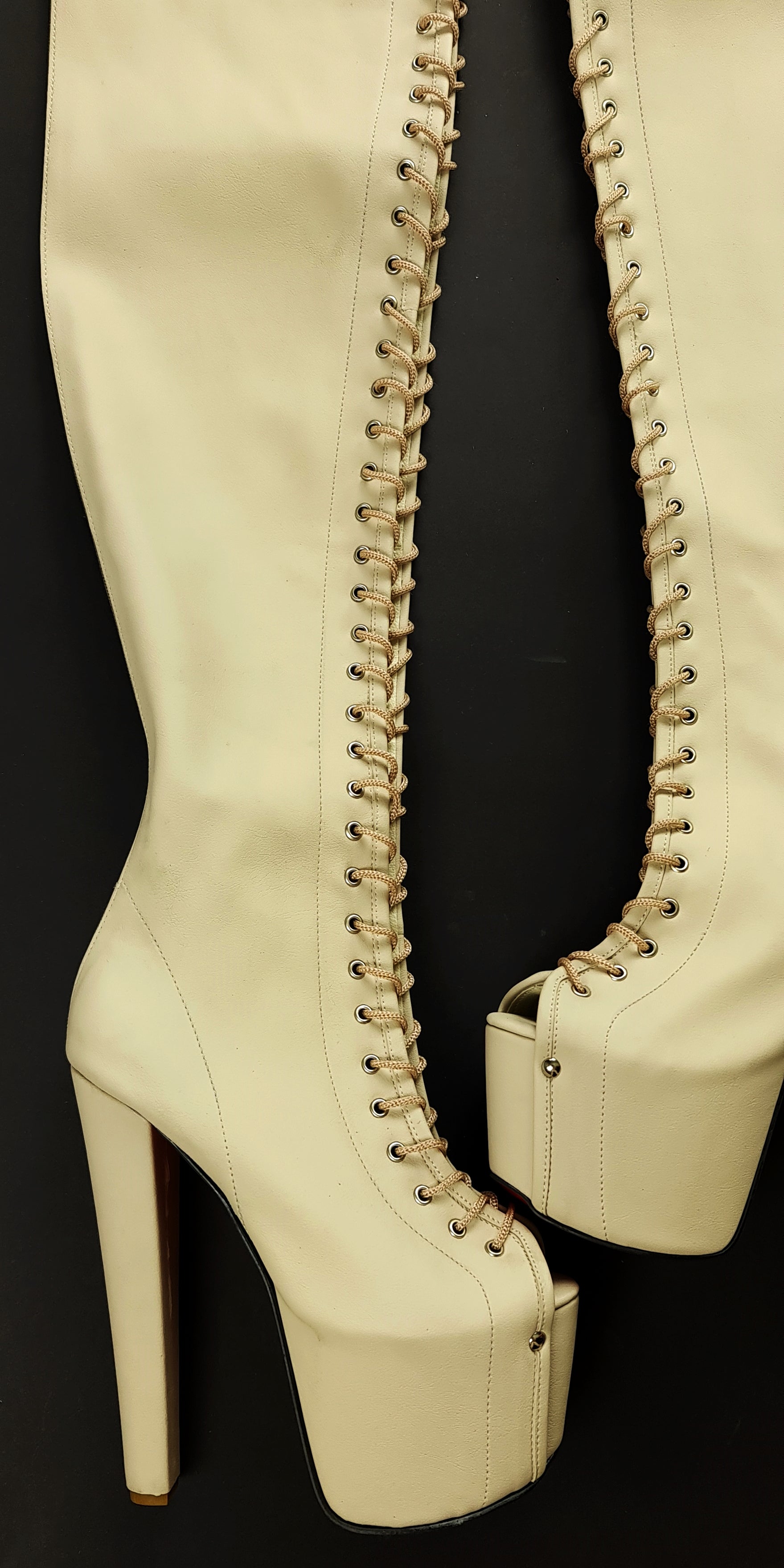 Cream Nude Gladiator Style Lace Up Thigh High Boots