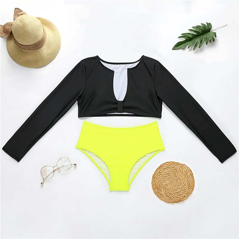 Deep V Long Sleeve Crop Top High Waist Brazilian Bikini Beachwear