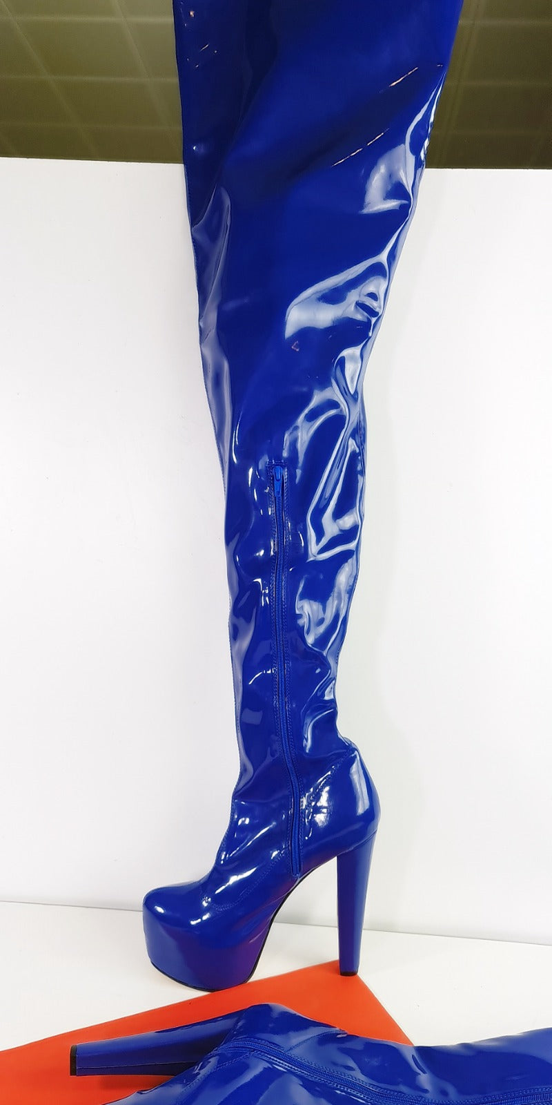 Extra Long Blue Gloss Stretch Thigh High Boots