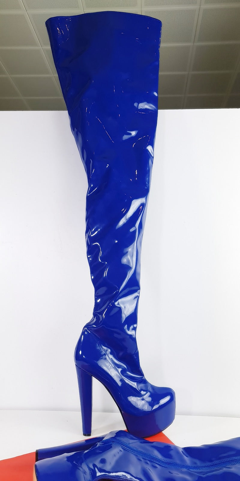 Extra Long Blue Gloss Stretch Thigh High Boots