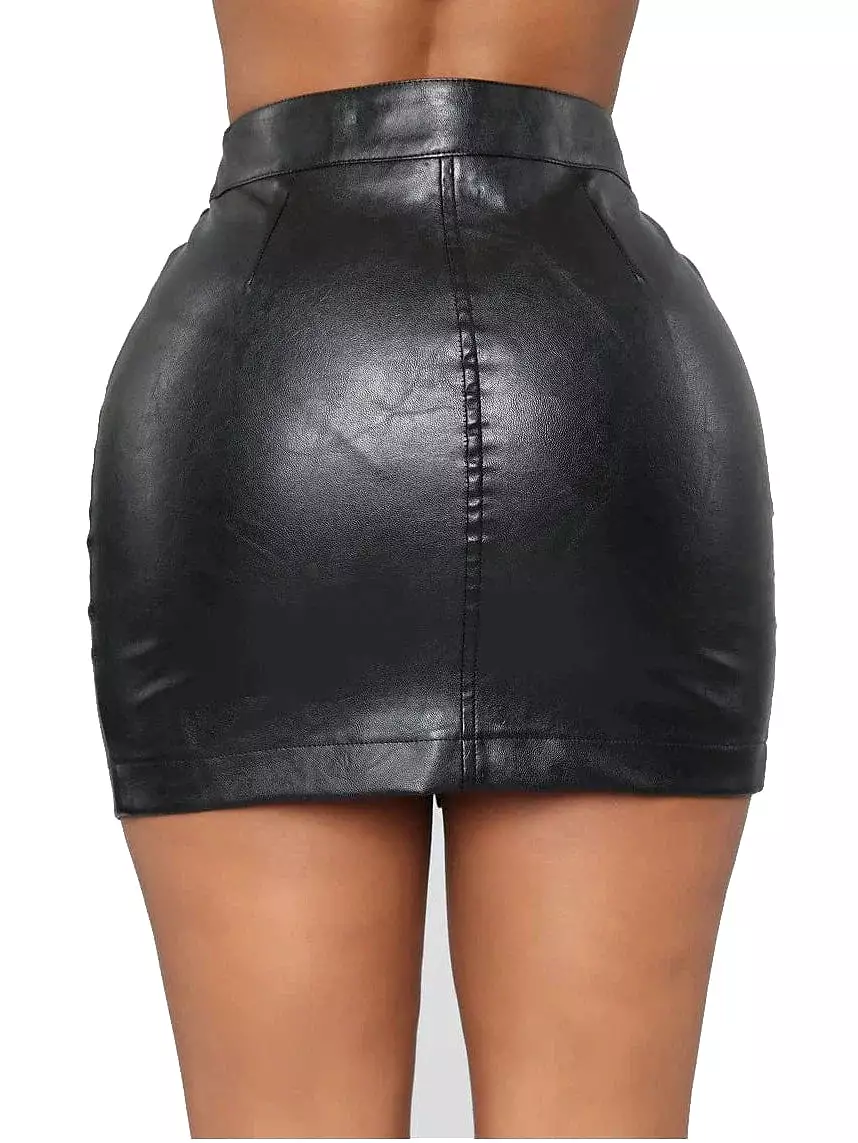 Faux Leather Black Mini Skirt with Lace Detail and Swing Style