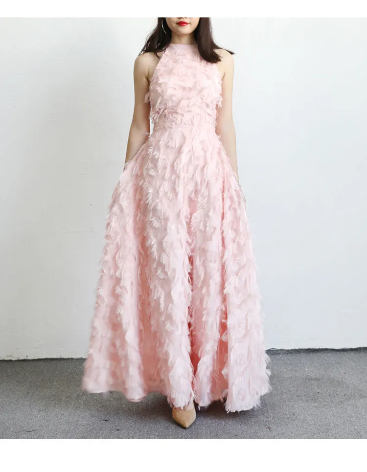 Fringed Feather Halterneck Evening Dress