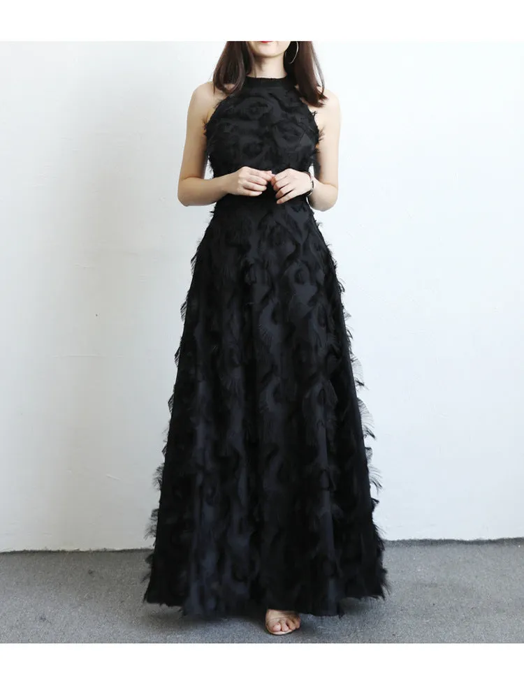 Fringed Feather Halterneck Evening Dress