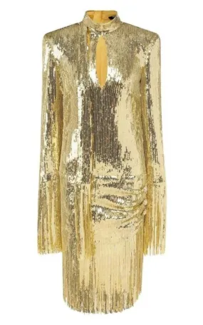 Fringed Gold Sequined Midi Dress