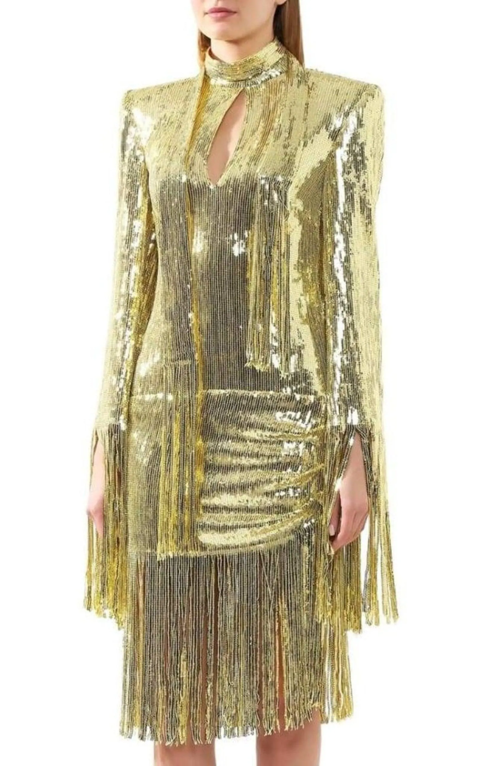 Fringed Gold Sequined Midi Dress