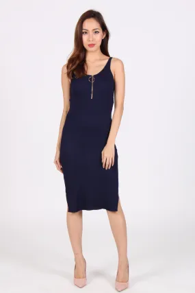 Front Zip Side Slit Bodycon Midi Dress in Navy Blue