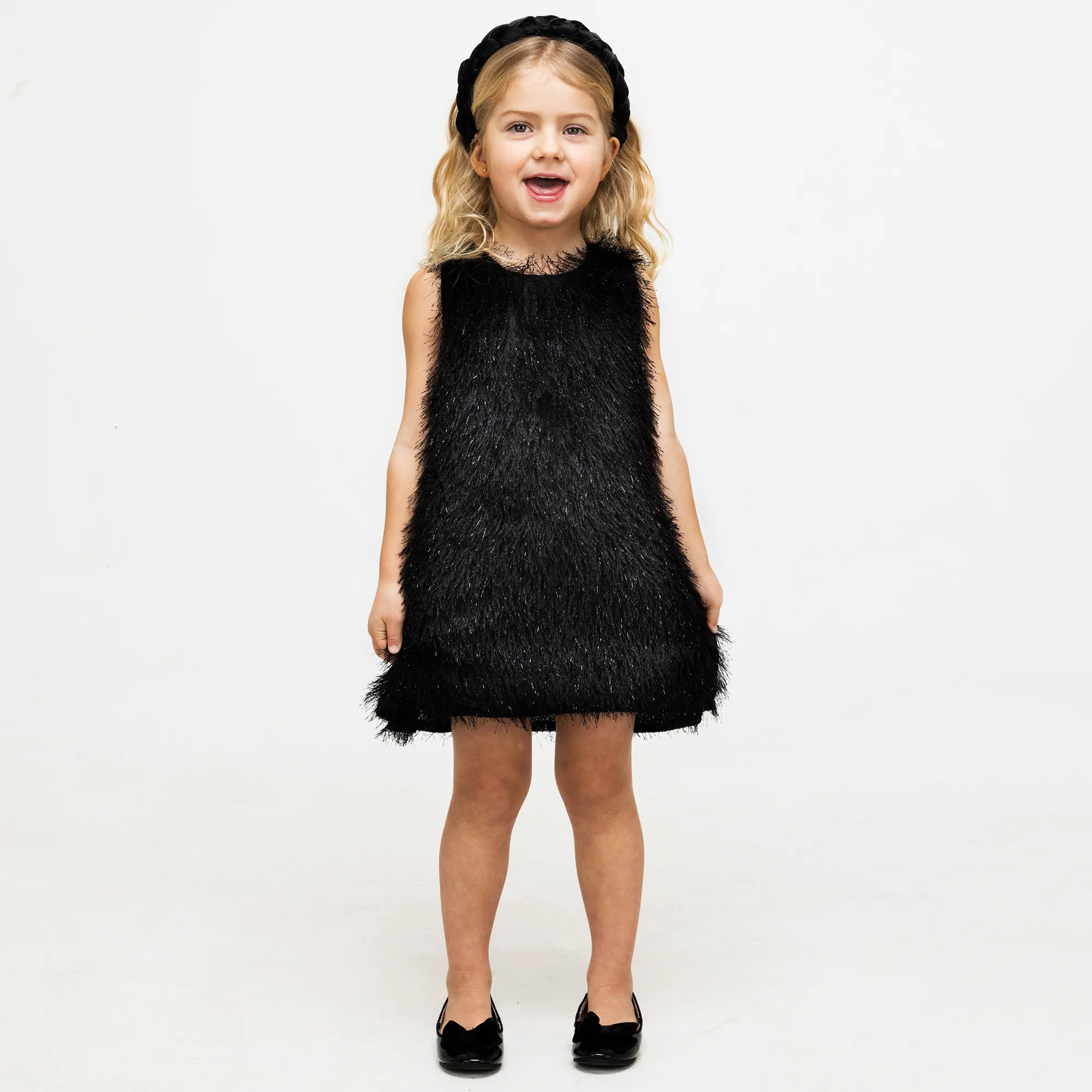 Girls Black Fringed Sleeveless Dress