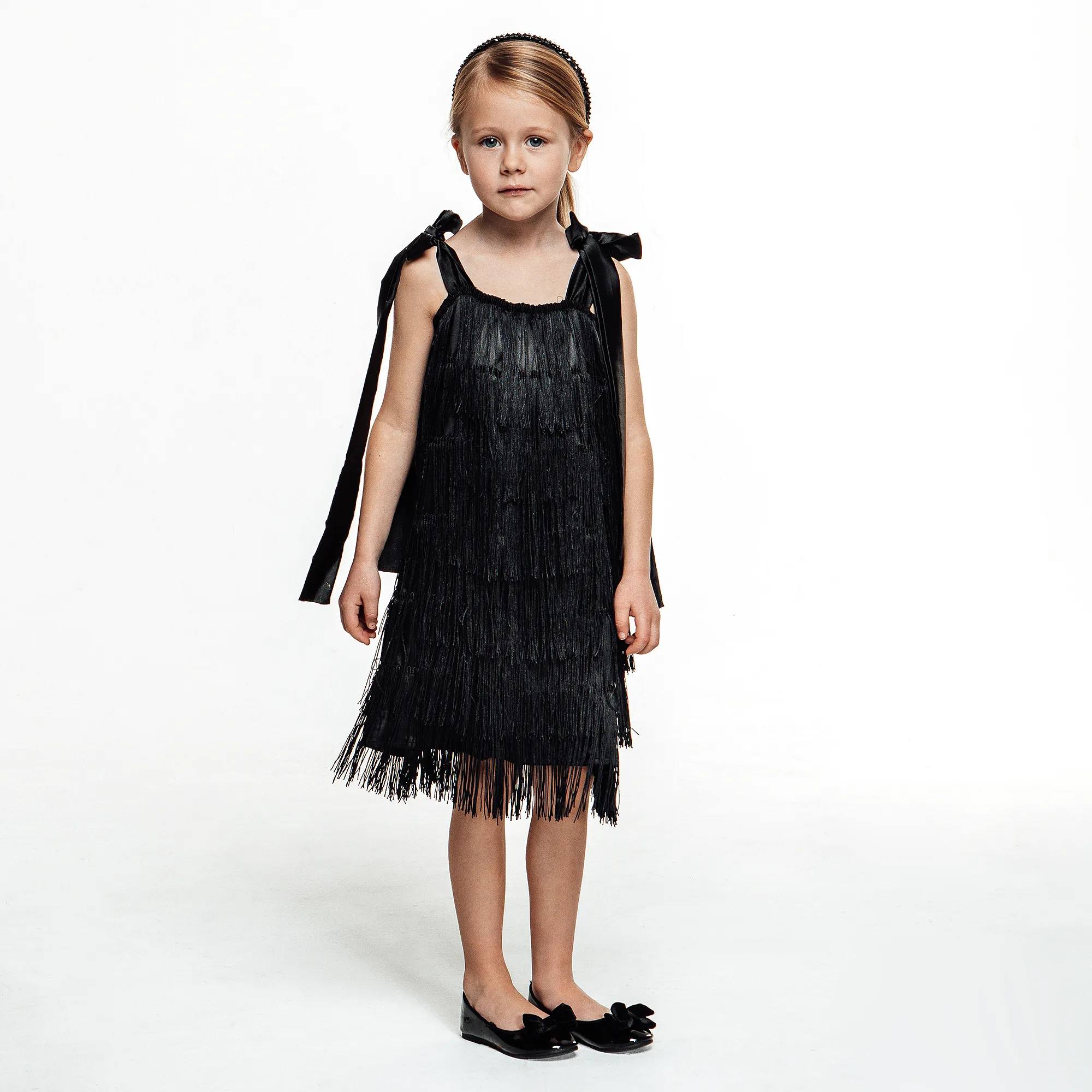 Girls Black Satin Fringed Dress